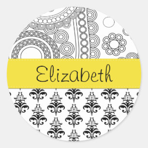Damask Muster, Schwarz und Weiß Damask, Ihr Name Runder Aufkleber