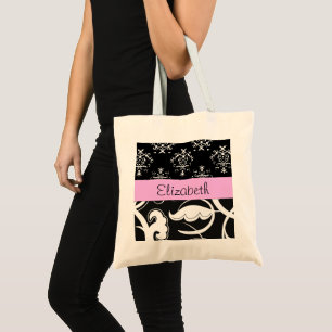 Damask Muster, Schwarz und Weiß Damask, Ihr Name Tragetasche