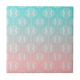 Damask Muster Weiß über Rosa Aquamarin Fliese