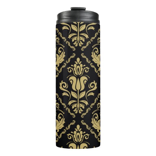 Damask nahtlose schwarz-goldene Ornamente. Traditi Thermosbecher (Vorderseite)