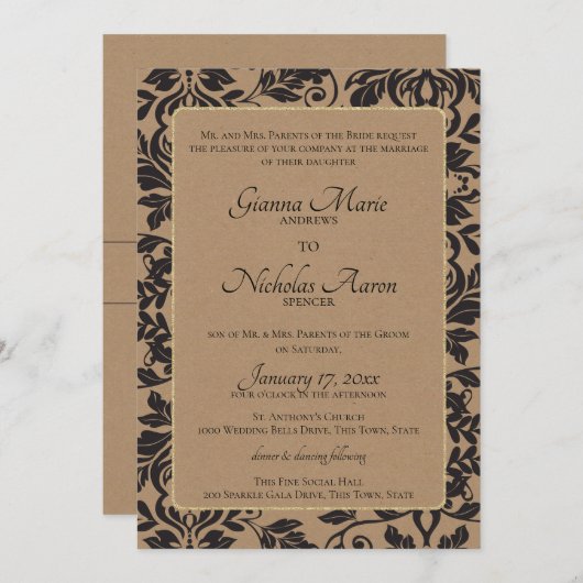 Damask Natural Kraft Brown Wedding Einladung (Vorne/Hinten)