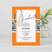 Damask Orange Black Graduation Party Einladung (Stehend Vorderseite)