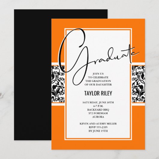 Damask Orange Black Graduation Party Einladung (Vorne/Hinten)