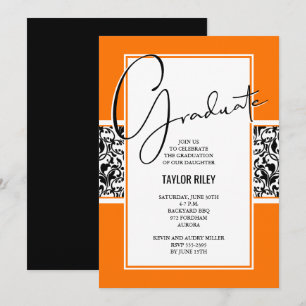 Damask Orange Black Graduation Party Einladung