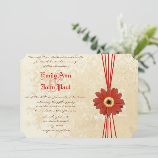 Damask Orange Gerber Daisy Wedding Einladung (Stehend Vorderseite)