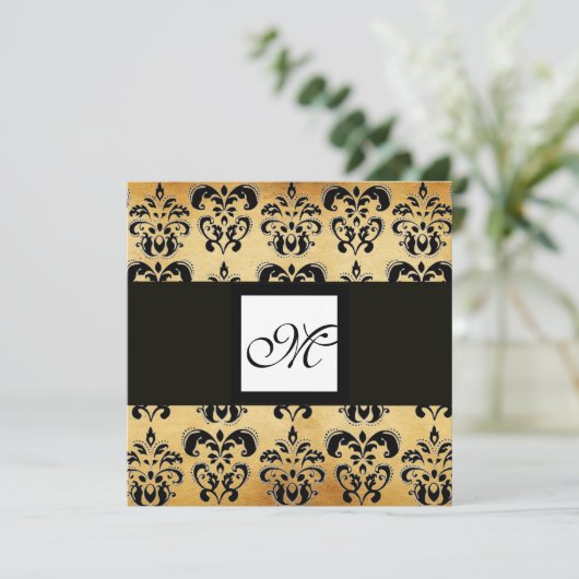 DAMASK PARCHMENT SQUARE MONOGRAM, Schwarz-weiß bra Einladung (Stehend Vorderseite)