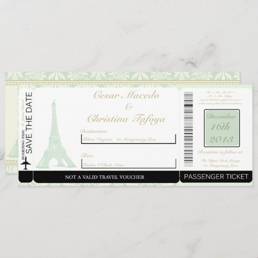Damask Paris Boarding Pass Einladung Hochzeit (Vorne/Hinten)