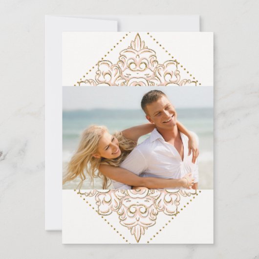 Damask Pattern Gold Dot Lace Save the Date Foto (Rückseite)
