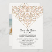 Damask Pattern Gold Dot Lace Save the Date Foto (Vorne/Hinten)