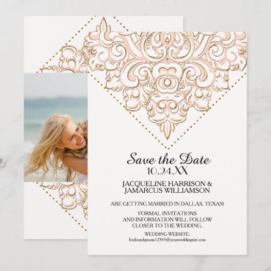 Damask Pattern Gold Dot Lace Save the Date Foto (Vorne/Hinten)