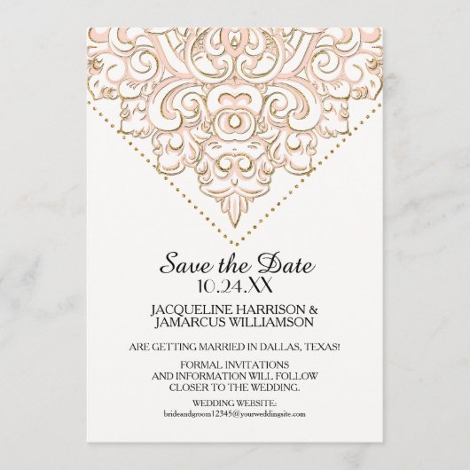 Damask Pattern Gold Dot Lace Save the Date Foto (Vorderseite)