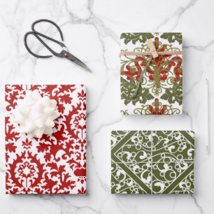 Damask Pattern Green Red White Christmas Geschenkpapier Set