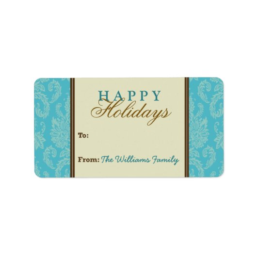 Damask Pattern Holiday Geschenk Tag (aqua/braun) Adressaufkleber (Vorne)