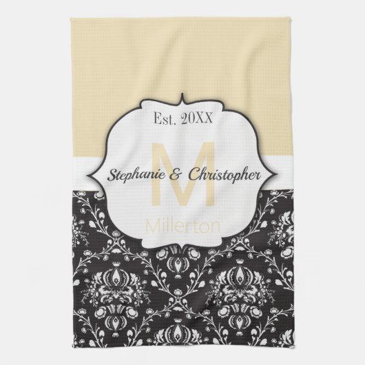 Damask Pattern Verziert Gerahmt Sandy Beige Monogr Geschirrtuch (Vertikal)