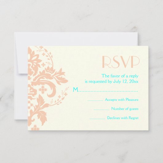 Damask peach, aqua, Elfenbeinhochzeit RSVP Antwort (Vorderseite)