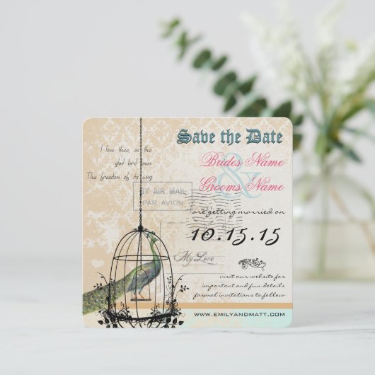 Damask Peacock Bird Cage Wedding Save the Date (Stehend Vorderseite)