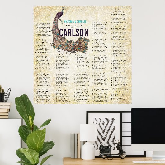 Damask Peacock Elegance Eggplant Gold SeatingChart Poster (Heimbüro)