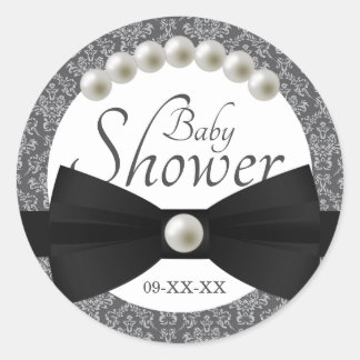 Damask Pearls and Bow Krawatte Baby Shower Gefalle Runder Aufkleber