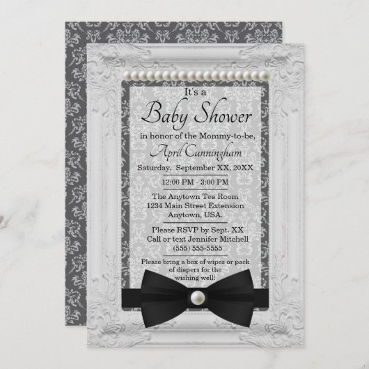 Damask Perlen und Bow Krawatte Babydusche Einladung (Vorne/Hinten)