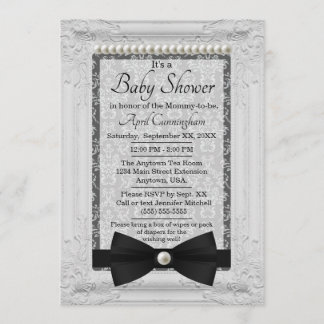 Damask Perlen und Bow Krawatte Babydusche Einladung