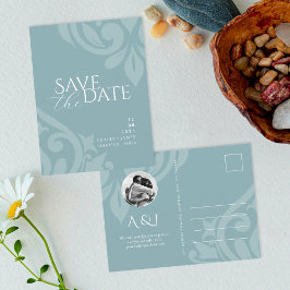 Damask Pewter Blue Foto Wedding Save the Date Ankündigungspostkarte