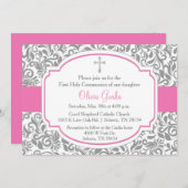 Damask Pink Girls First Communitykarte Einladung (Vorne/Hinten)