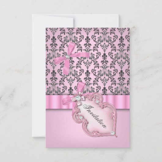 Damask Pink Gray Silver Geburtstagsparty Einladung (Vorderseite)