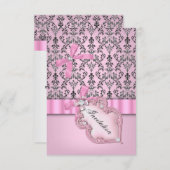 Damask Pink Gray Silver Geburtstagsparty Einladung (Vorne/Hinten)