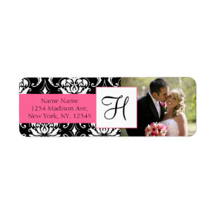 Damask Pink Monogram Foto Wedeladressen Labels