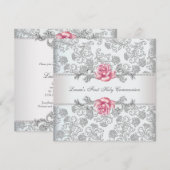 Damask Pink Rose Girls Erste Kommune Einladung (Vorne/Hinten)