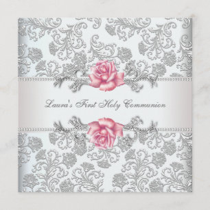Damask Pink Rose Girls Erste Kommune Einladung