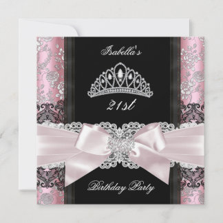Damask Pink Rose Schwarz-weiß Tiara Geburtstagspar Einladung