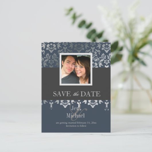 Damask, Postkarten mit Save the Date Foto, (Stehend Vorderseite)