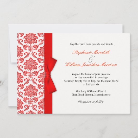 Damask Red Bow Wedding Einladung (Vorderseite)