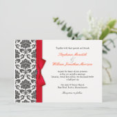 Damask Red Bow Wedding Einladung (Stehend Vorderseite)