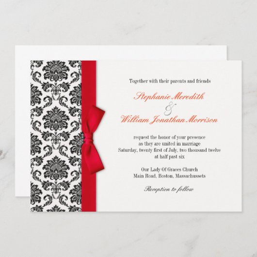 Damask Red Bow Wedding Einladung (Vorne/Hinten)