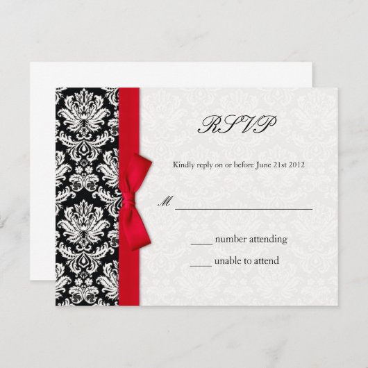 Damask Red Bow Wedding RSVP Card (Vorne/Hinten)