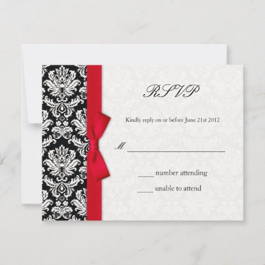 Damask Red Bow Wedding RSVP Card Karte (Vorderseite)