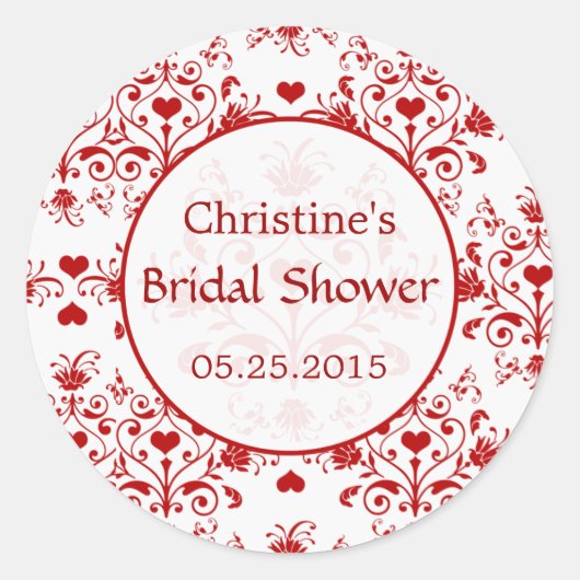 Damask red heart Wirbel Brautparty Sticker (Vorderseite)