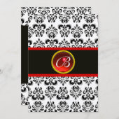 DAMASK RED RUBY MONOGRAM, schwarz-weiß Einladung (Vorne/Hinten)