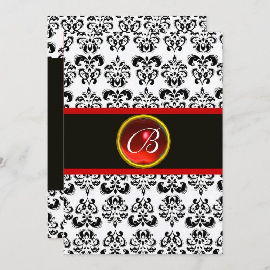 DAMASK RED RUBY MONOGRAM, schwarz-weiß Einladung (Vorne/Hinten)