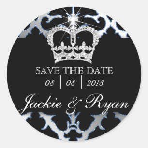Damask Rett Date Wedding Stickers Blue Crown