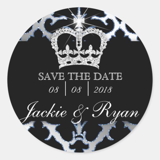Damask Rett Date Wedding Stickers Blue Crown (Vorderseite)