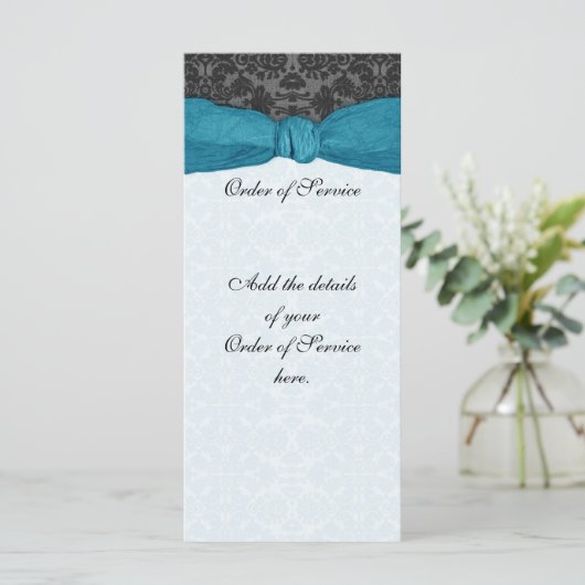 Damask Ribbon Wrapped Order of Service - Aquamarin Programm (Stehend Vorderseite)