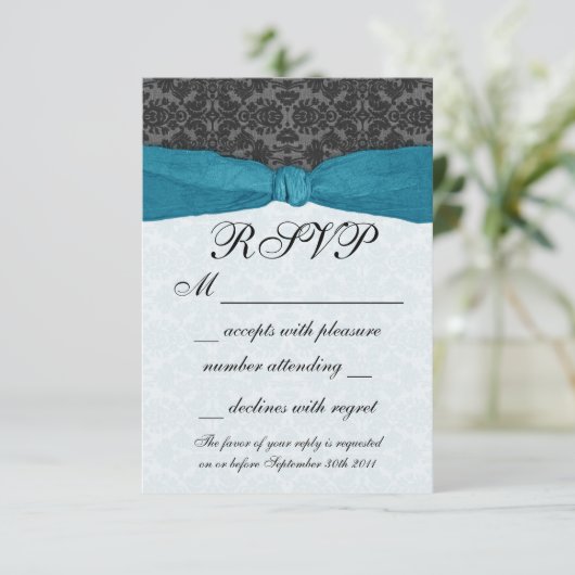Damask Ribbon Wrapped UAWG - Aquamarin RSVP Karte (Stehend Vorderseite)