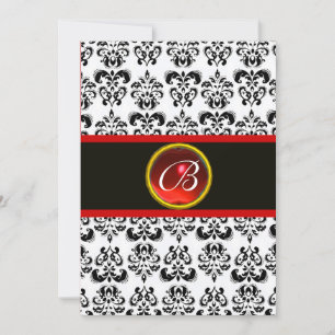 DAMASK ROT RUBIN MONOGRAMM, schwarz und weiß Einladung