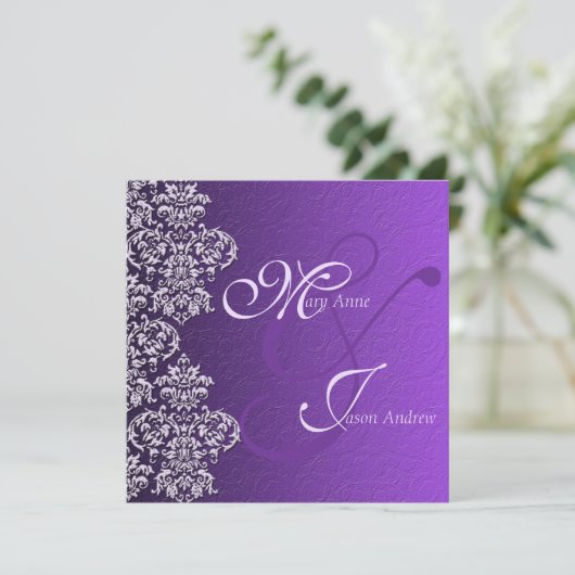 Damask Royal Lila Wedding Invitation Card Einladung (Stehend Vorderseite)
