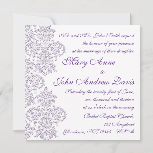 Damask Royal Lila Wedding Invitation Card Einladung (Rückseite)