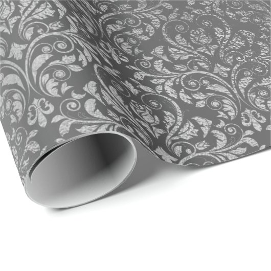 Damask Royal Metallic Silver Gray Graphite Geschenkpapier (Rolleneckpunkt)