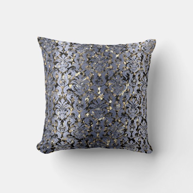 Damask Royal Sepia Gold Black Blue Navy Metallic Kissen (Vorderseite)